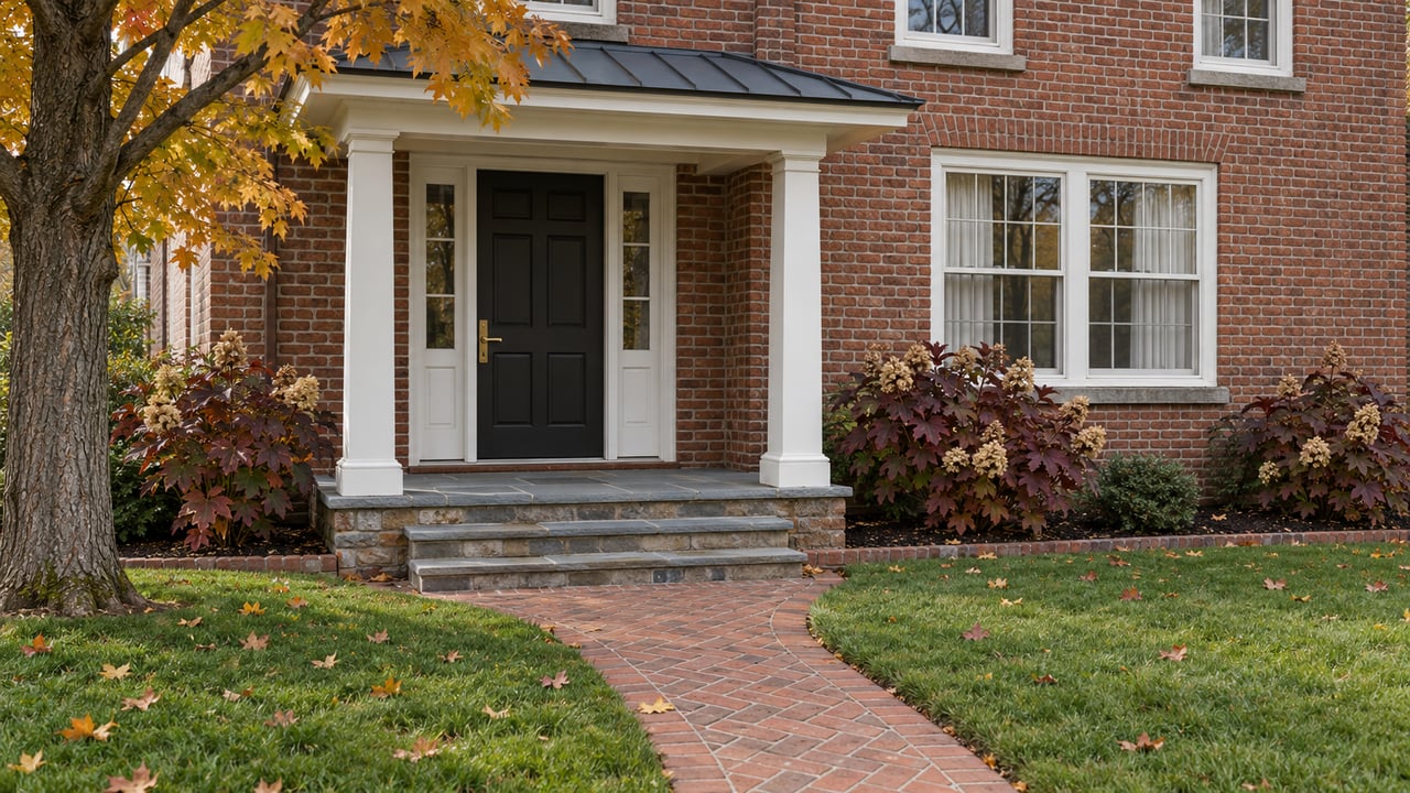 A brick home with a white-columned porch, bluestone steps and brick walk bordered by lawn and autumn planting.