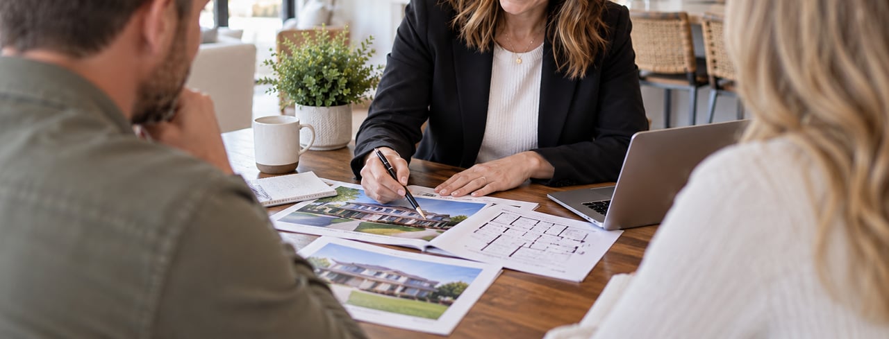 Buyer’s agent reviewing home listings and floor plans with clients during the home-buying process in Colorado. 