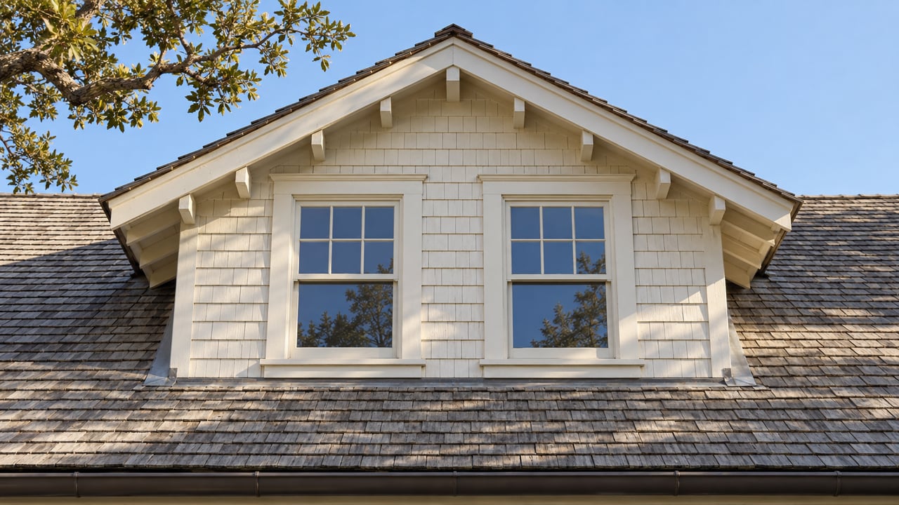 Ivory cottage dormer with paired divided-light windows above a weathered cedar-shingle roof, beside a live oak branch.