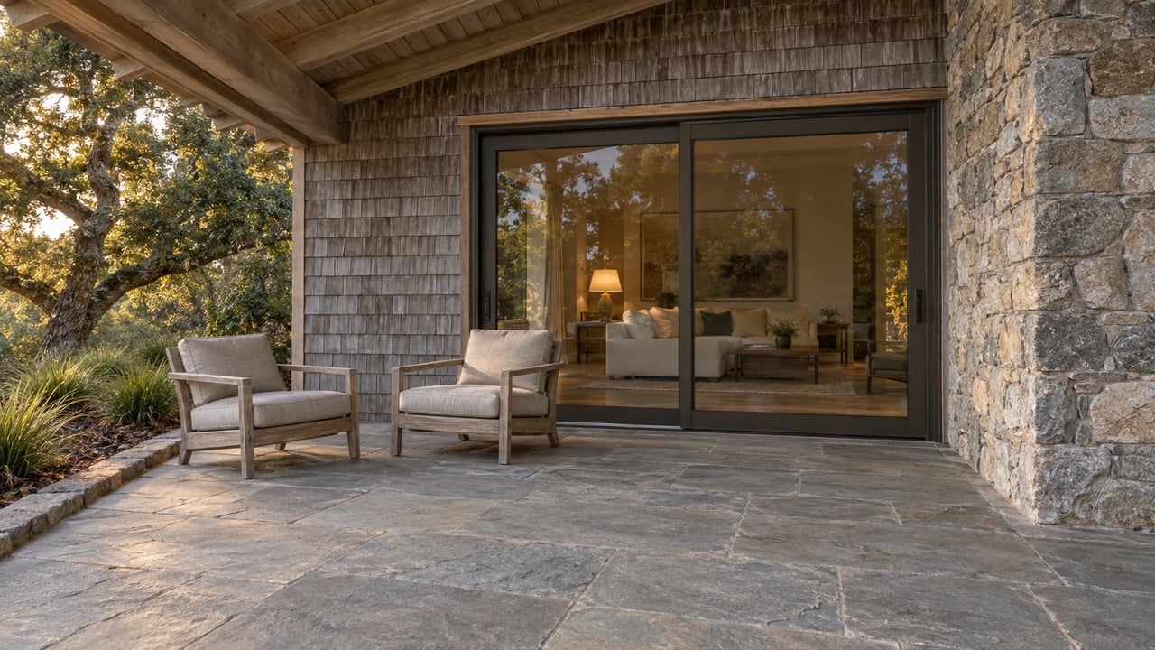 An early-evening covered terrace with weathered cedar shingles, a granite chimney, two teak lounge chairs and closed glass doors to a warmly lit living room.