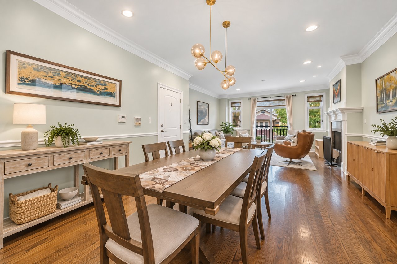 Dining room with pendant light and wood floors