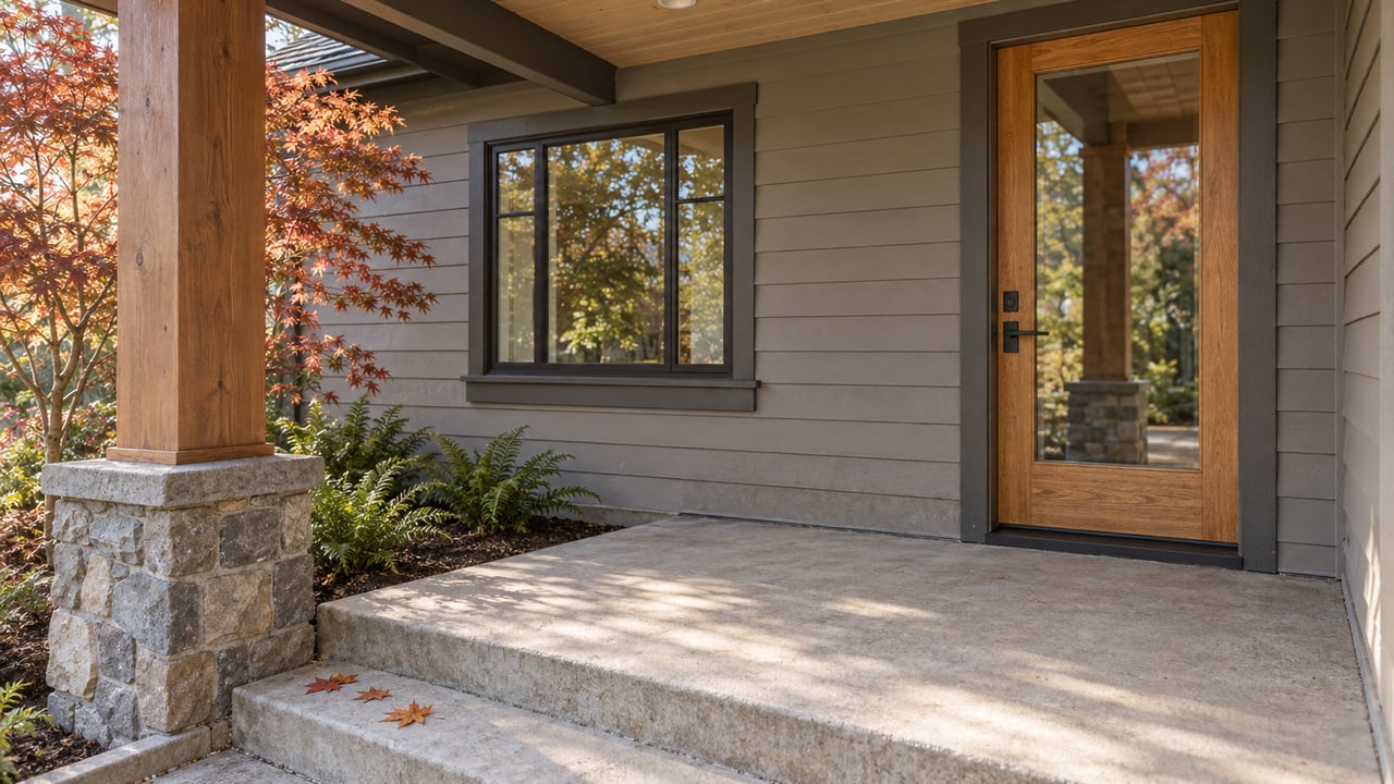 Warm afternoon light on a covered entry with gray lap siding, an oak glazed door, stone porch base and red maple leaves.