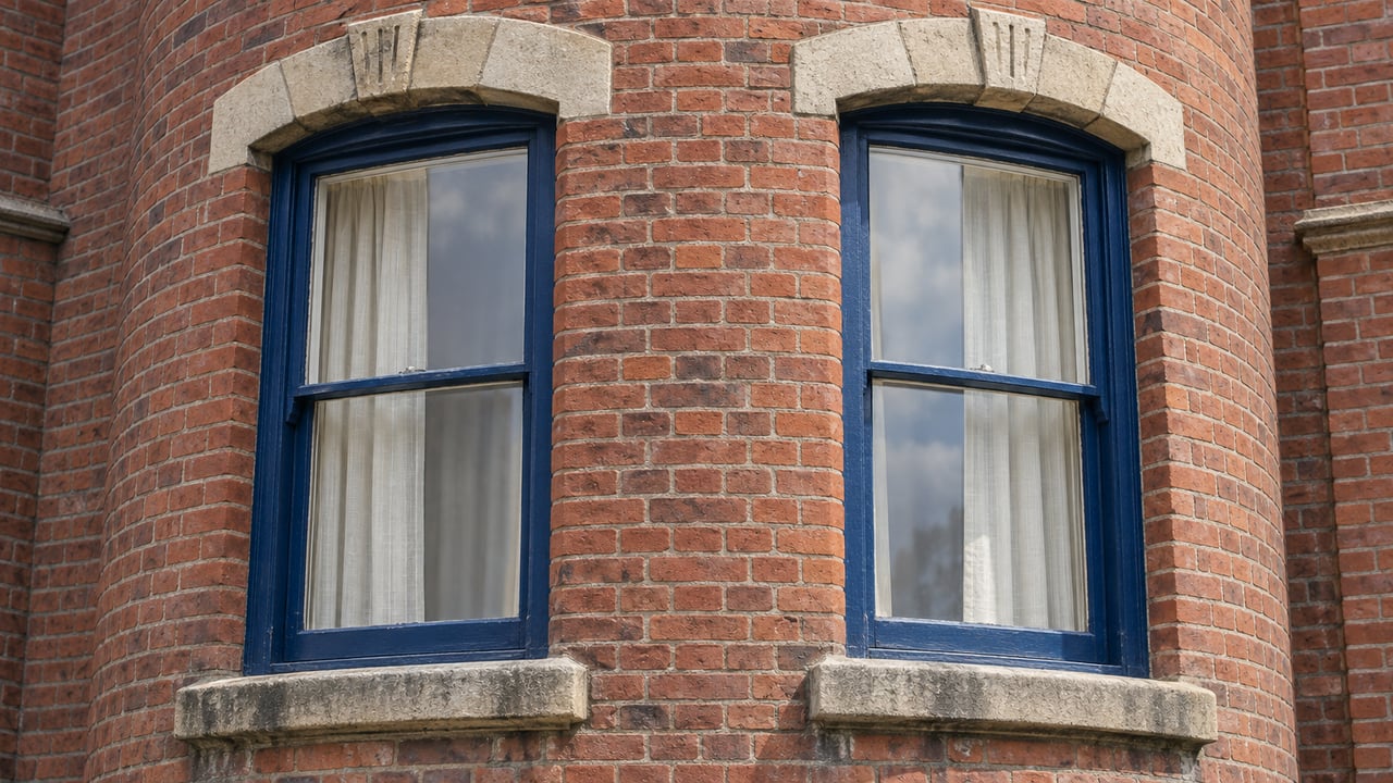 Two arched blue-painted sash windows set into a rounded red-brick bay, with carved limestone arches and weathered stone sills.