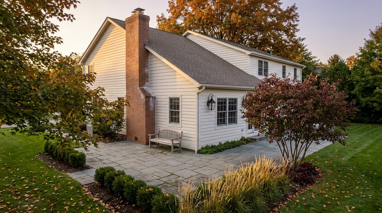 A two-story white home with a brick chimney overlooks a bluestone patio edged with autumn leaves and ornamental grasses.