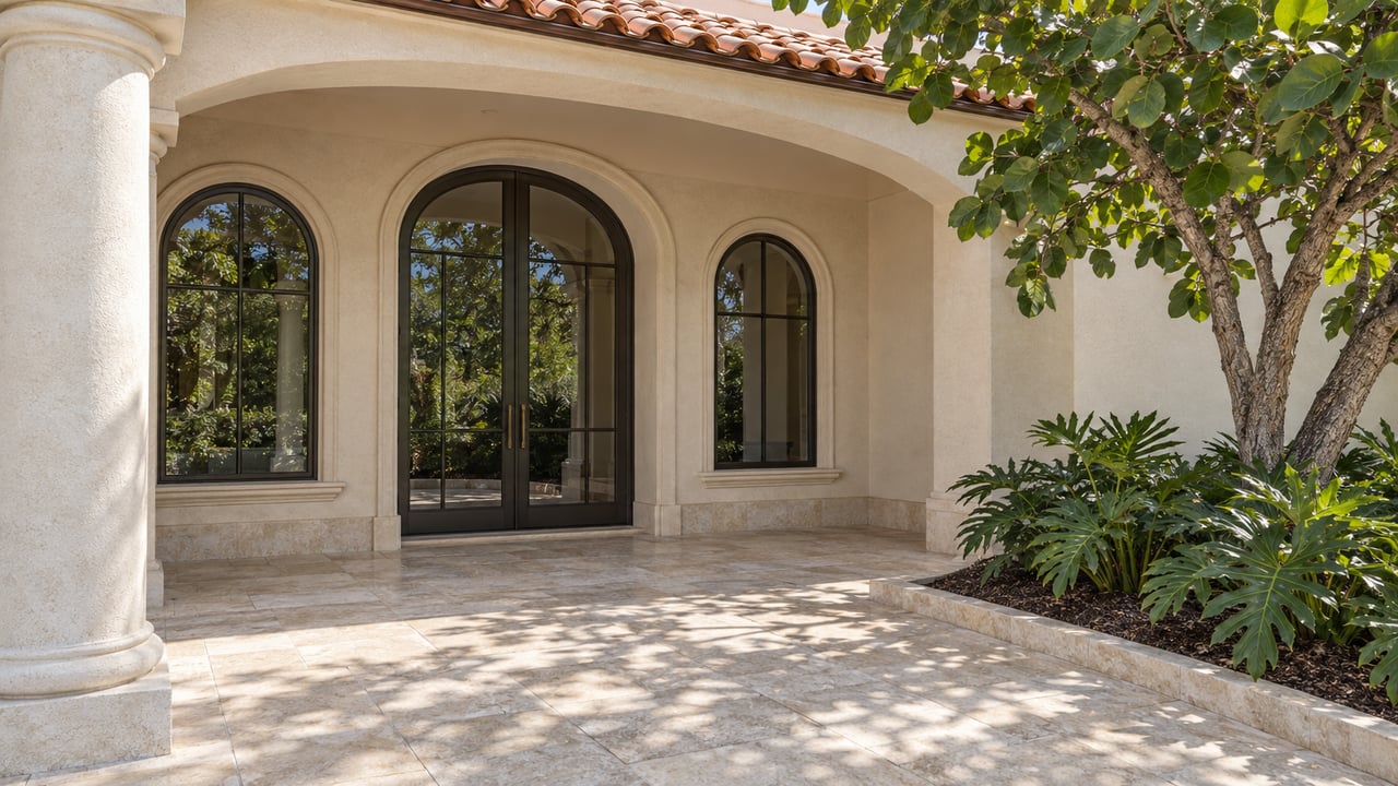 Cream stucco arched home entrance with bronze-framed doors, limestone terrace, terracotta roof tiles and sculptural tropical planting.