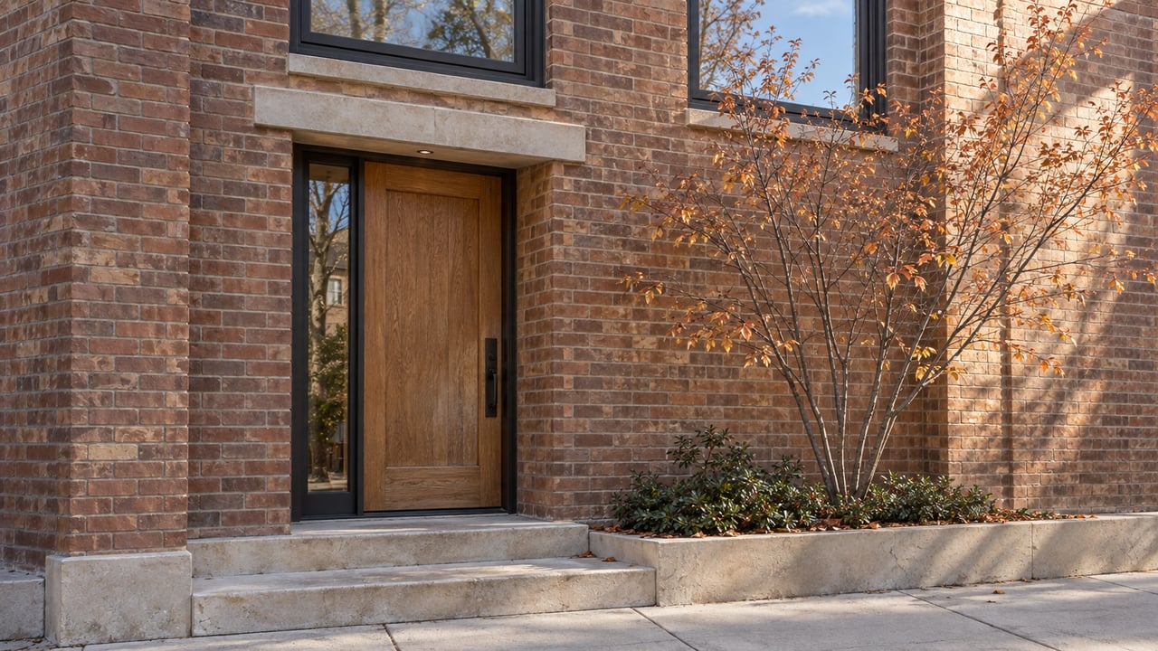 Brick townhouse entry with recessed oak door, limestone steps, and a small bed of autumn foliage.