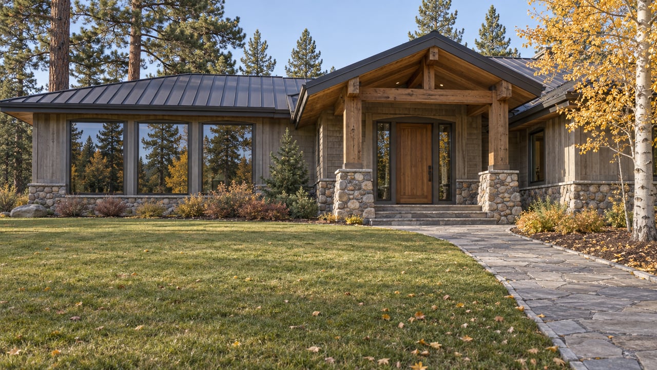 Autumn lawn and stone approach leading to a cedar and river-rock home beneath a dark metal roof, with golden aspen leaves and mature pines.