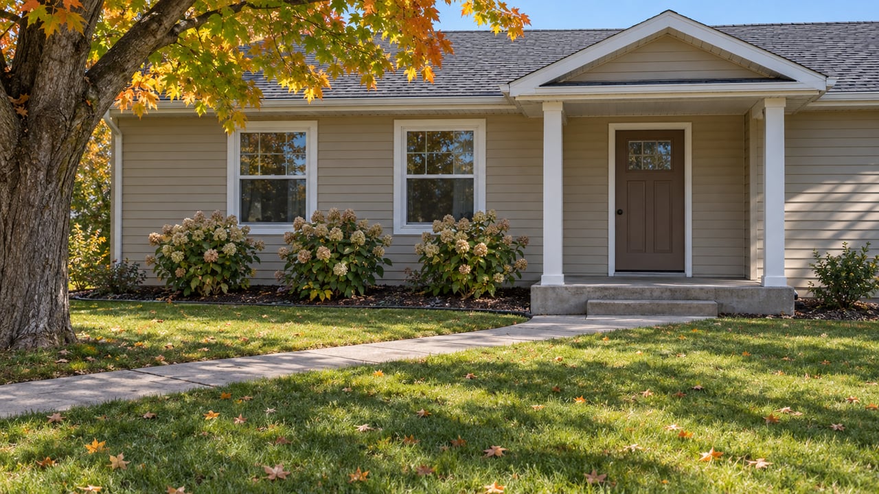 Autumn maple beside a beige single-story home with white-trimmed windows, a concrete front walk and a broad green lawn.