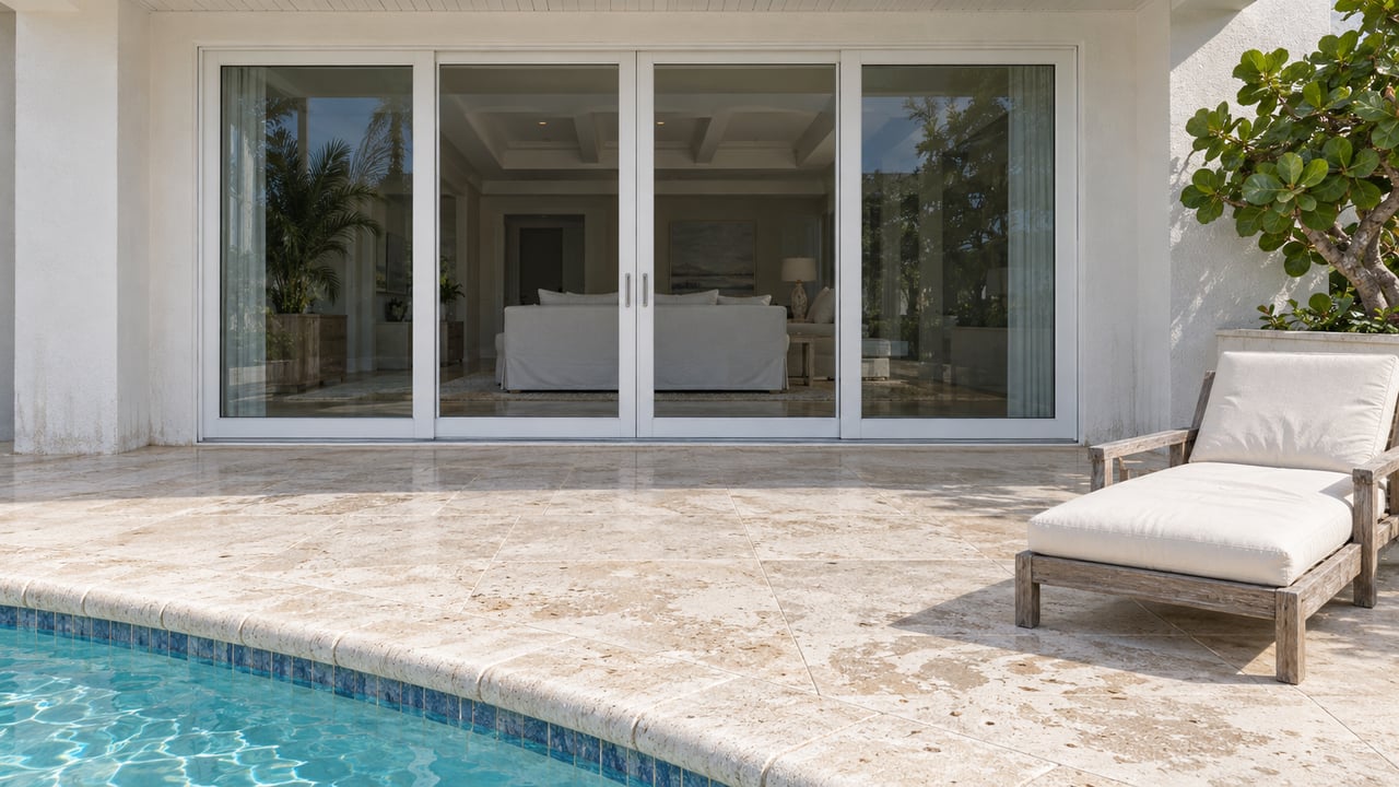 Sunlit limestone pool terrace beside white sliding glass doors, with a teak lounge chair and a sea grape in a raised planter.