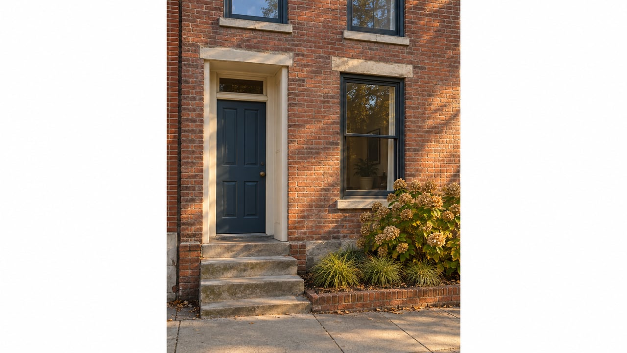 Compact brick house with a muted blue door, concrete steps, and a hydrangea beside the walk.