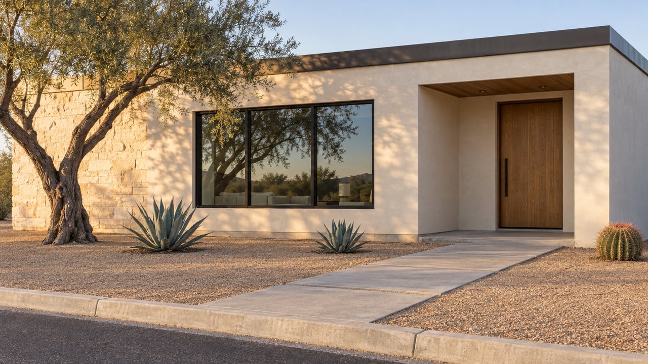 Detached stucco home with limestone accent, recessed oak door, and desert landscaping beneath an ironwood tree.