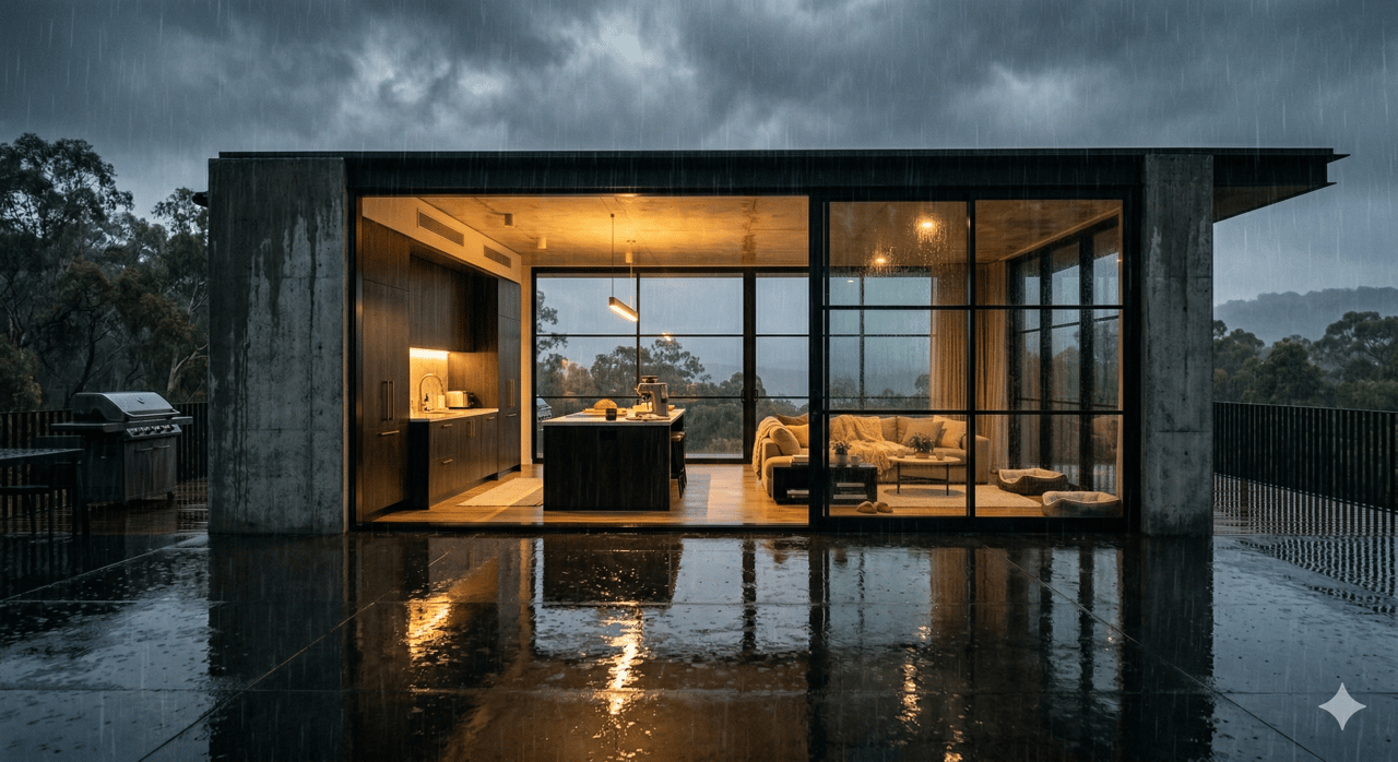 Modern luxury home exterior in the rain