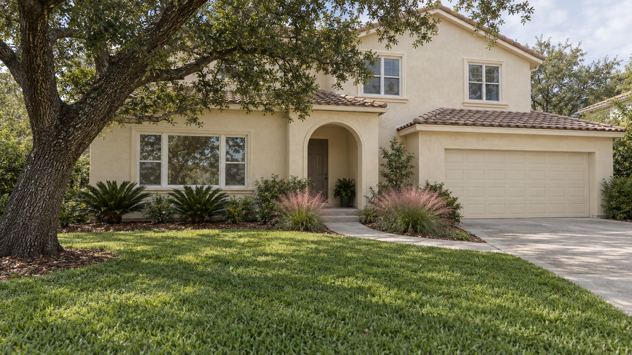 Light stucco home with a recessed arched entry, deep lawn and a mature spreading oak shading the front yard.