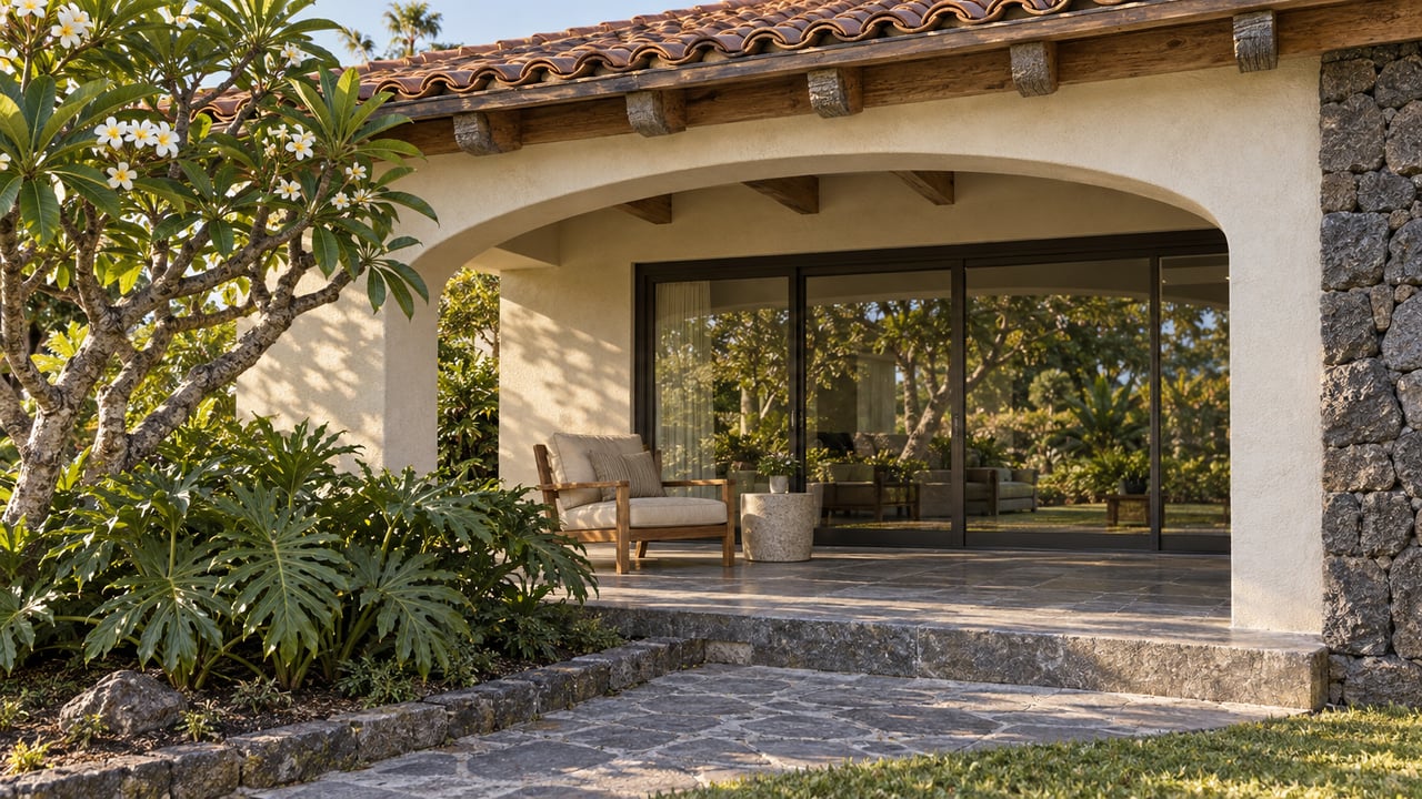 Cream stucco residence with a clay-tile roof, exposed timber rafters and an unlit arched terrace beside a flowering frangipani tree.