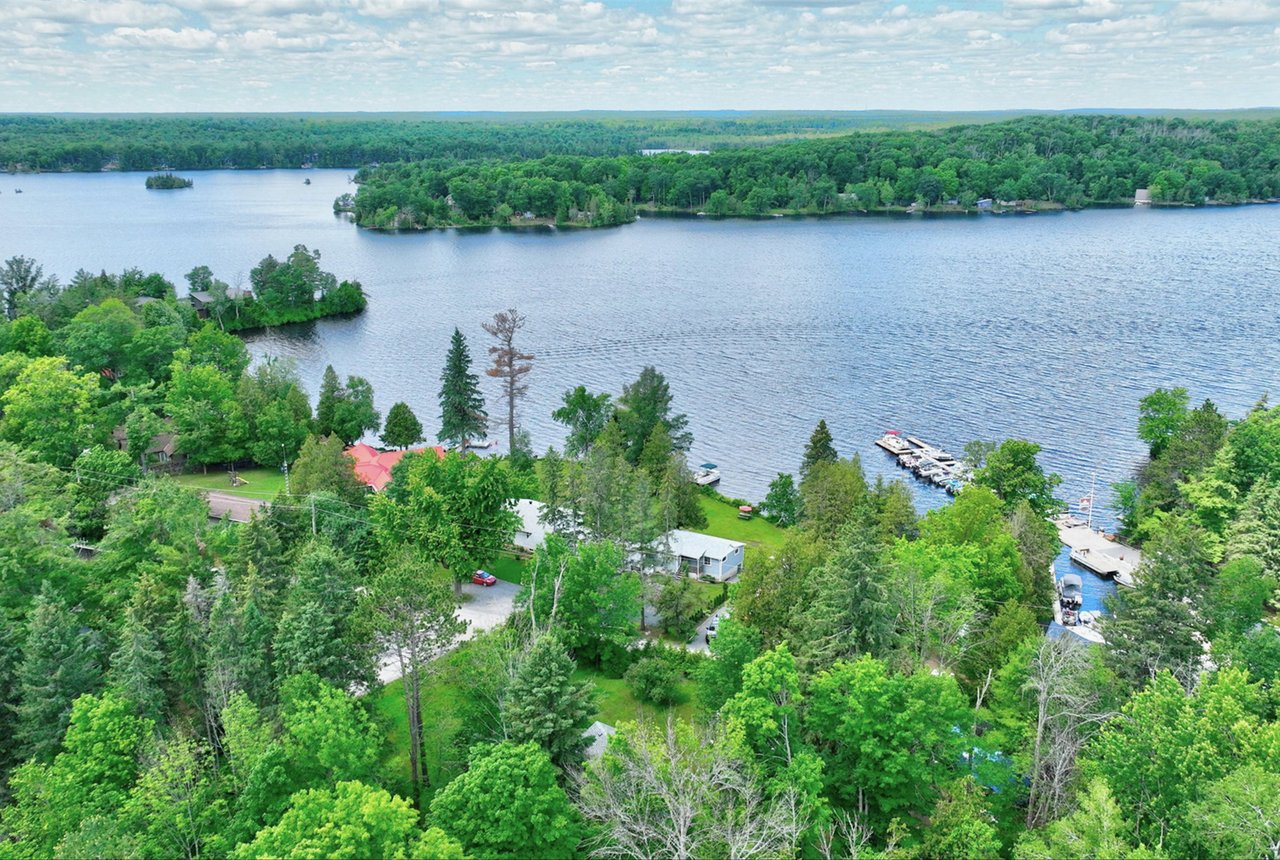 Aerial view of a wooded waterfront property, cottages, docks, and a broad lake.