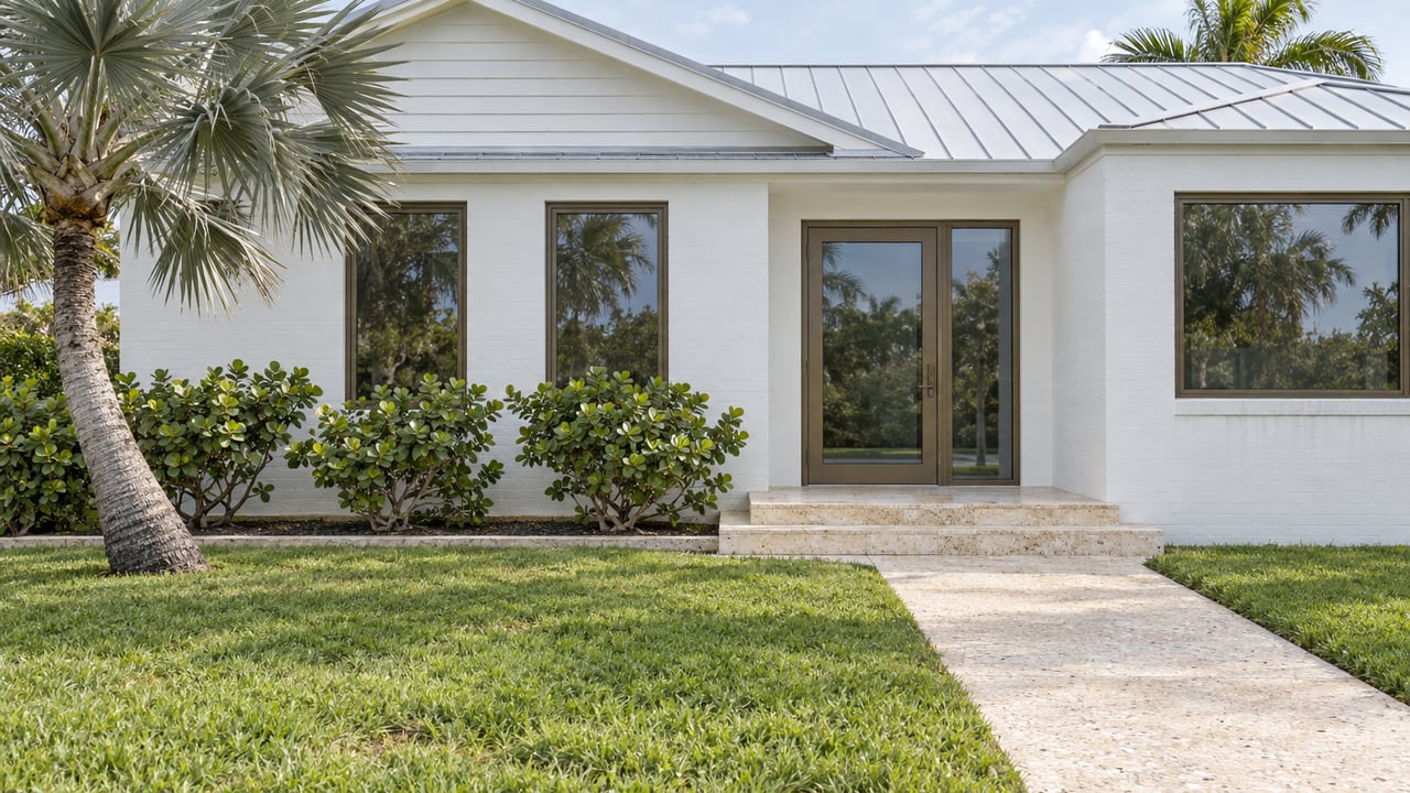 White masonry home with a shallow silver metal roof, bronze-framed windows, limestone entry steps and a deep lawn beside a silver palm.