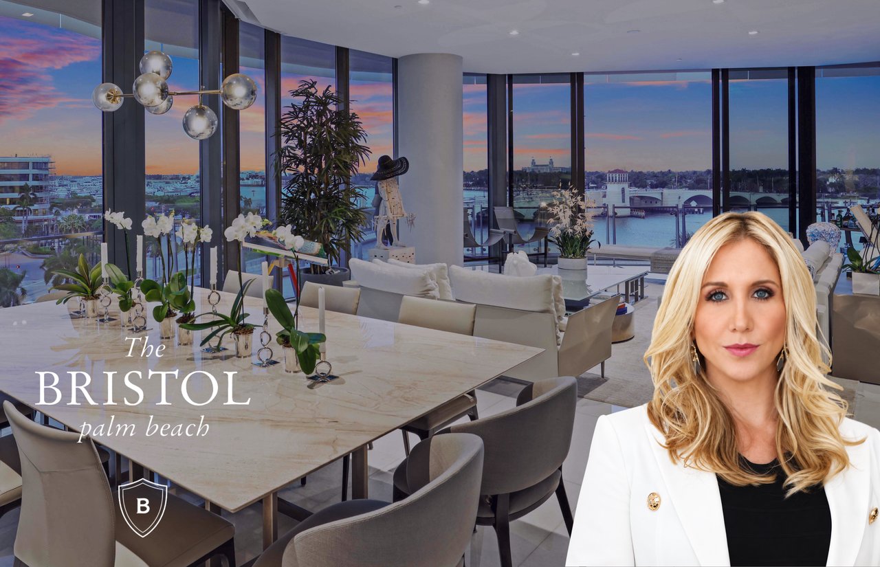 Samantha Curry of Douglas Elliman featured alongside a luxury waterfront residence at The Bristol in West Palm Beach, Florida, overlooking the Intracoastal Waterway.