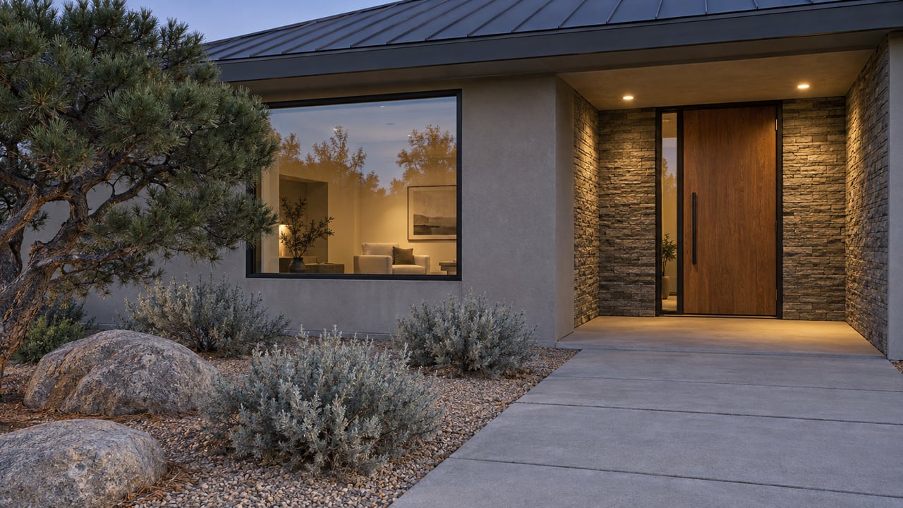 Dusk settles on a stucco and stone home with a warm recessed entry, dark-framed window, concrete approach and sculptural pine in a gravel garden.