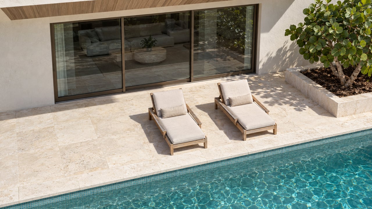 Elevated view of a pale limestone pool terrace with weathered teak loungers, closed bronze-framed sliding doors, and a sculptural sea grape tree.