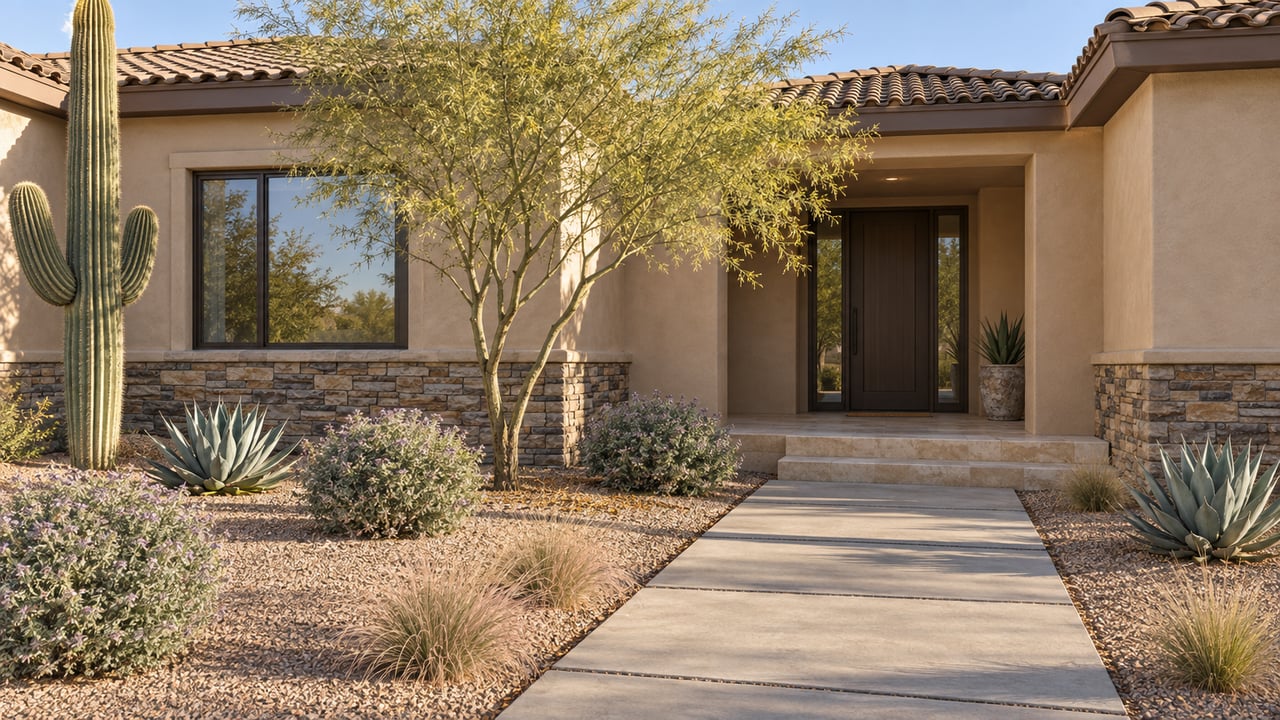 Single-story sand-stucco desert home with a recessed entry, clay tile roof, saguaro, and gravel xeriscape garden.