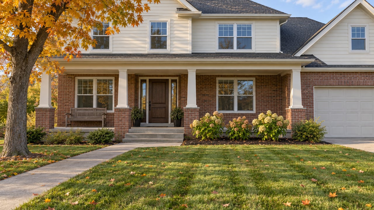 Two-story brick and white-sided house with a covered porch, attached garage, and orange autumn leaves.