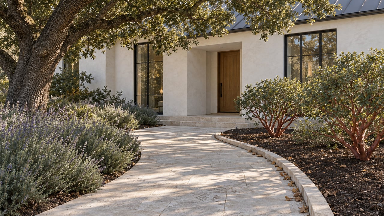 White-stucco home with an oak-shaded limestone approach, red-barked shrubs, and dark-framed windows.