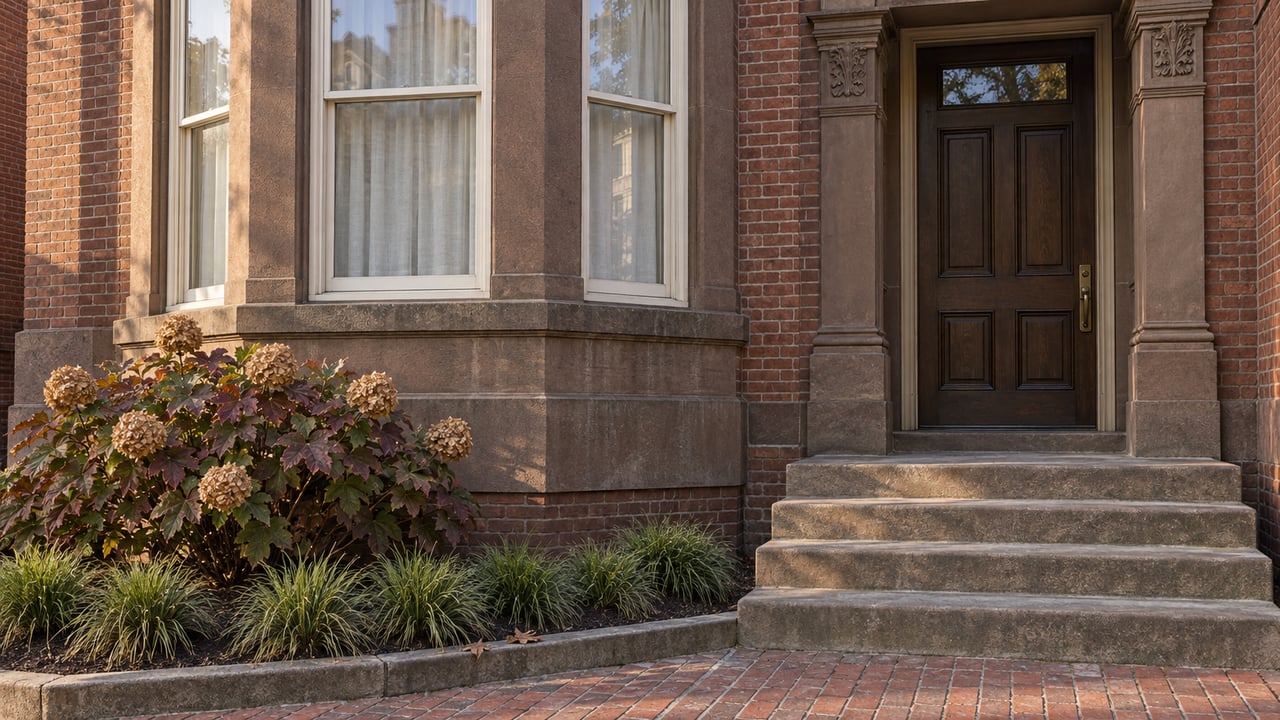 Late-afternoon light grazes a red-brick townhouse bay and brownstone entrance beside oakleaf hydrangea.