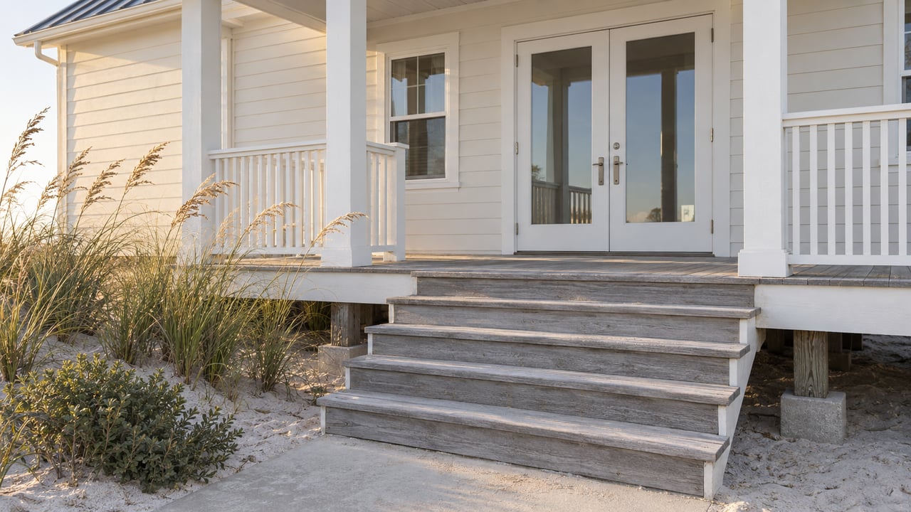 White clapboard beach-house porch with glazed double doors, gray decking, wooden steps, and dune grass.
