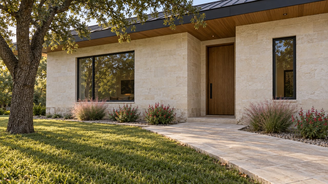 Limestone home entry with oak door, charcoal-framed windows, diagonal paver approach, and mature oak canopy.