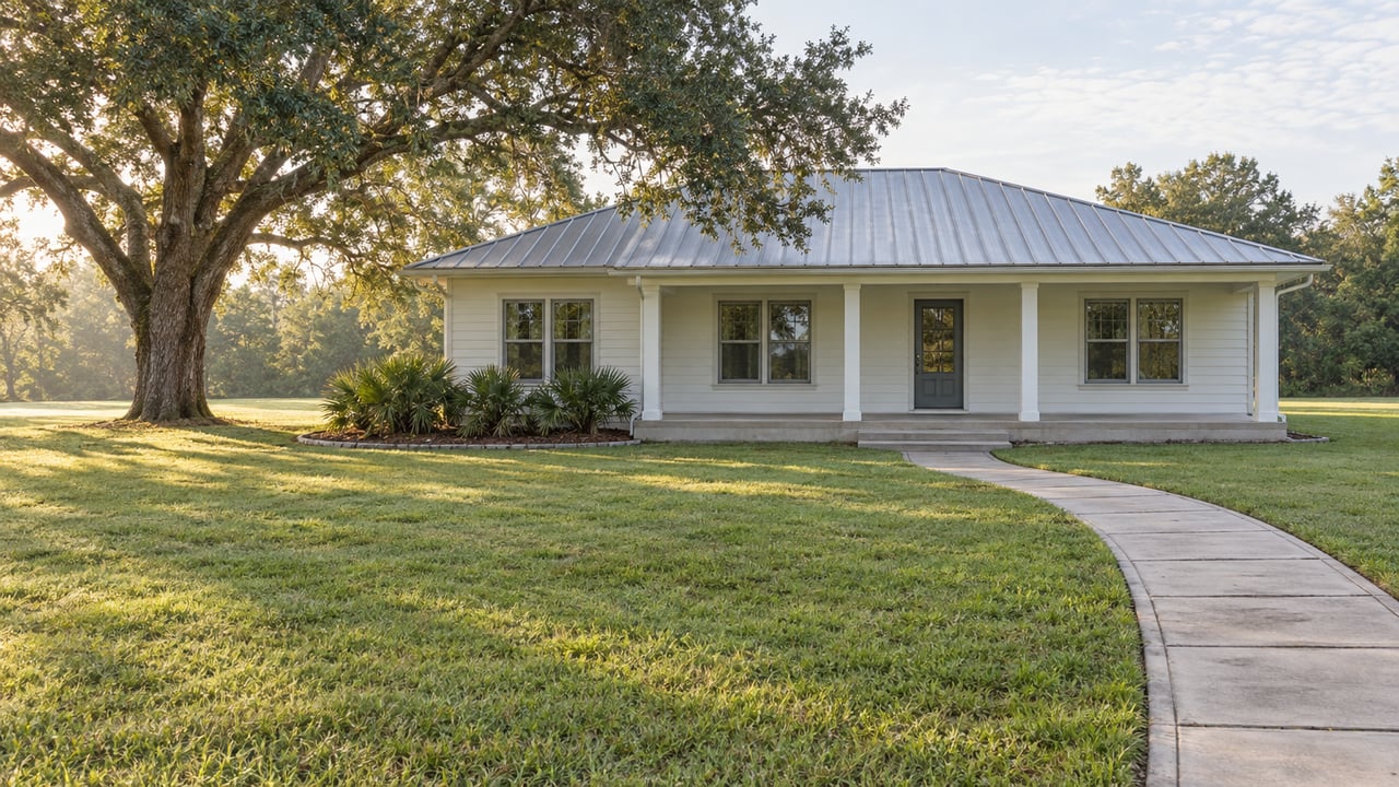 A light-painted single-story home with a silver metal roof and shaded porch sits beyond a broad lawn beside a spreading live oak.