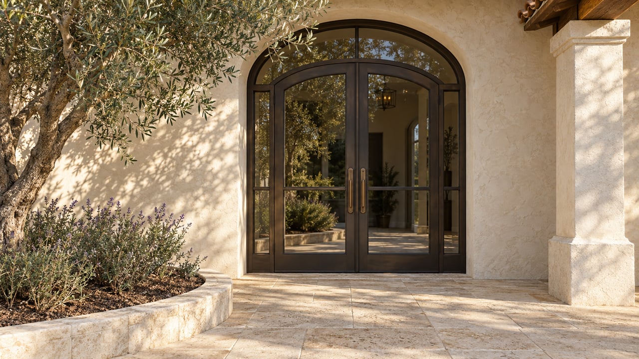 Sunlit stucco entry with arched bronze-framed glass doors, limestone terrace and a sculptural olive tree in a raised bed.