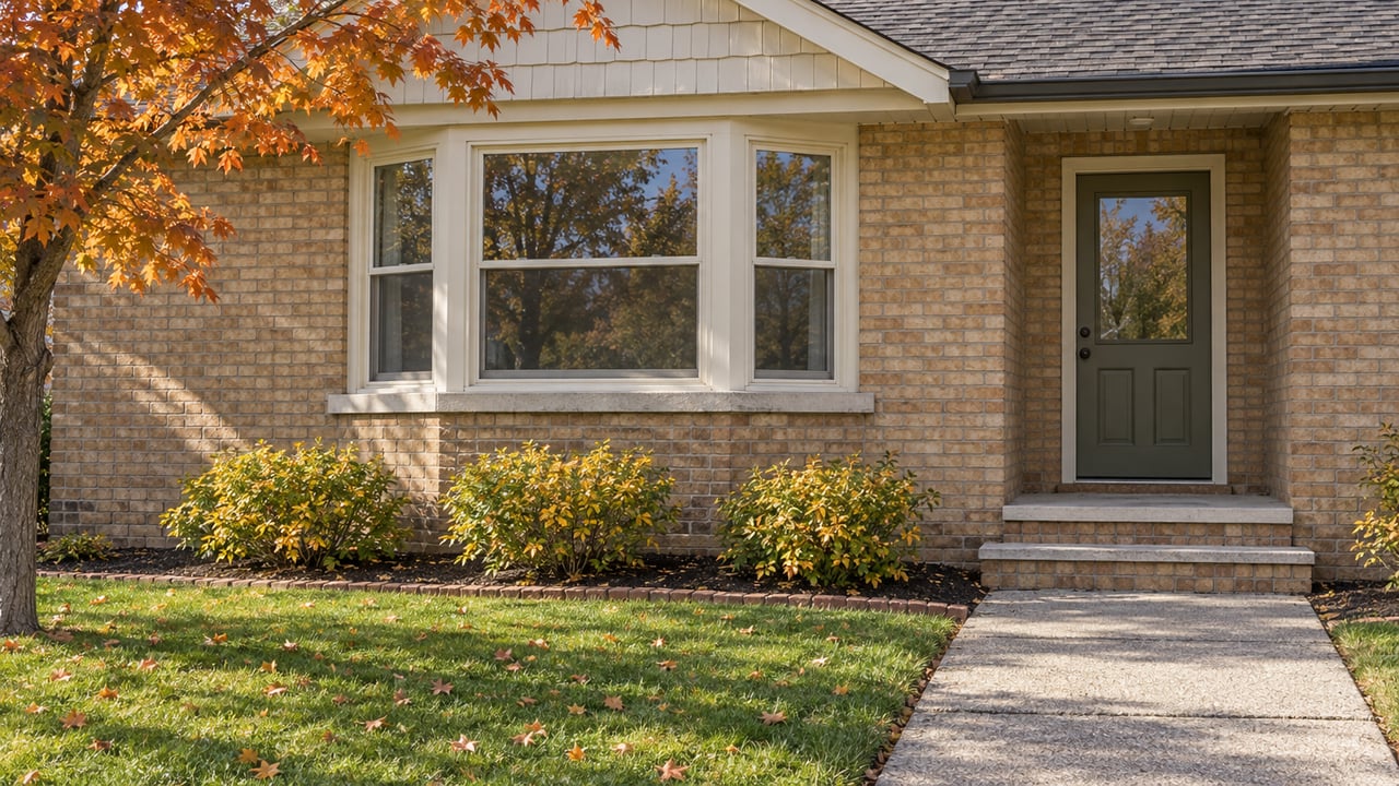 Buff-brick bungalow with cream window trim, a recessed olive door, and copper-colored maple leaves beside a tidy front garden.