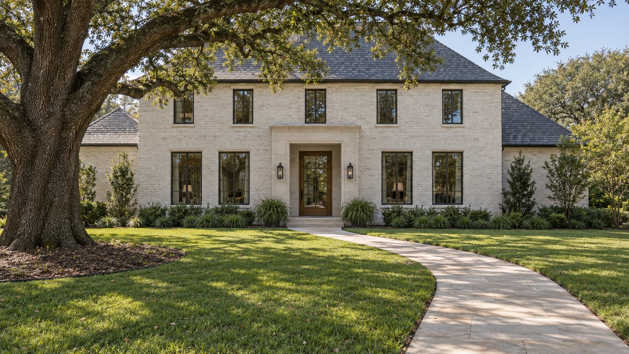 An ivory-brick estate with a slate roof and bronze-framed windows beyond a deep lawn, with a limestone approach beneath a spreading live oak.