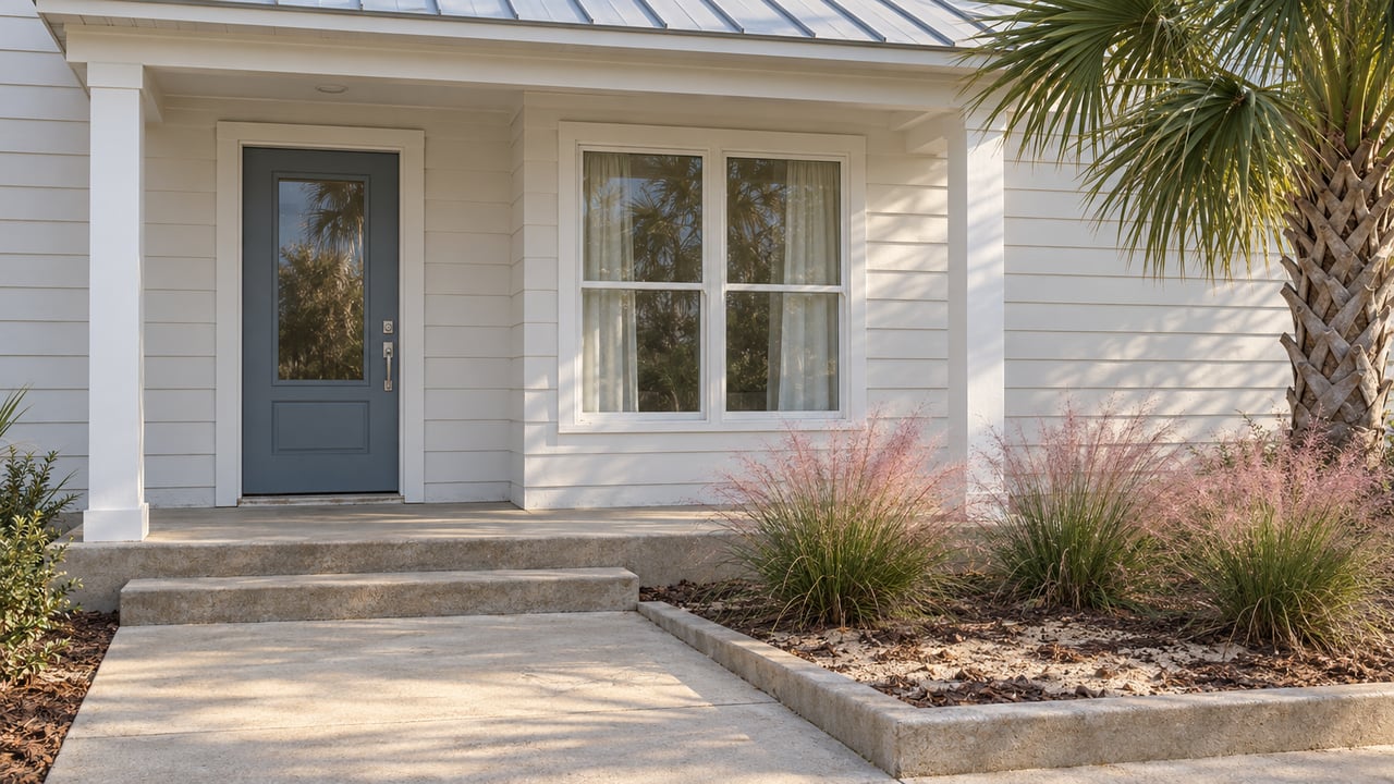 Pale cottage facade with a blue-gray door, covered concrete porch, a sculptural palm and pink flowering muhly grass.