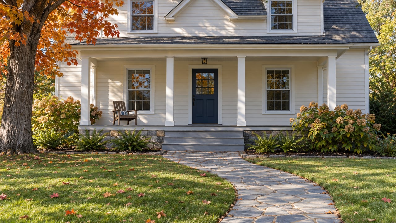 Ivory clapboard home with a blue entry door, stone approach, broad autumn lawn and a mature sugar maple.