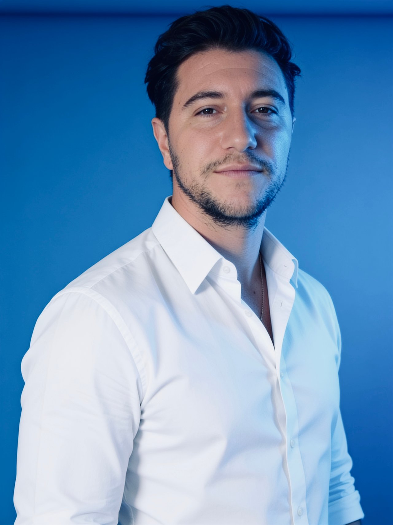 Gregory Beckham in a white shirt against a blue background.