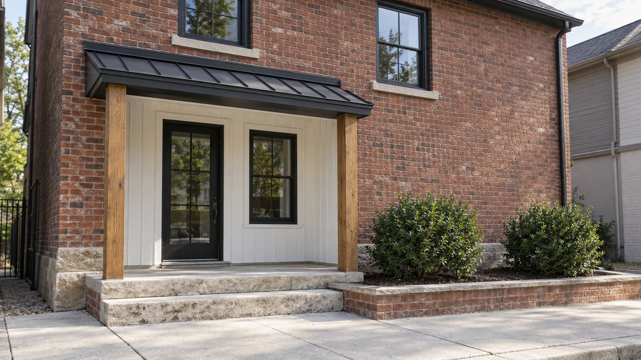 Renovated two-story brick house with black-framed windows, a recessed entry, and two shrubs beside limestone steps.