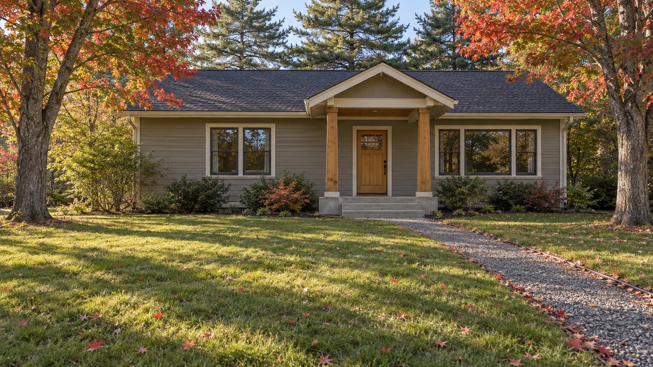 Compact gray wood-sided home with a timber-post porch beyond a deep autumn lawn, framed by mature maples and white pines.