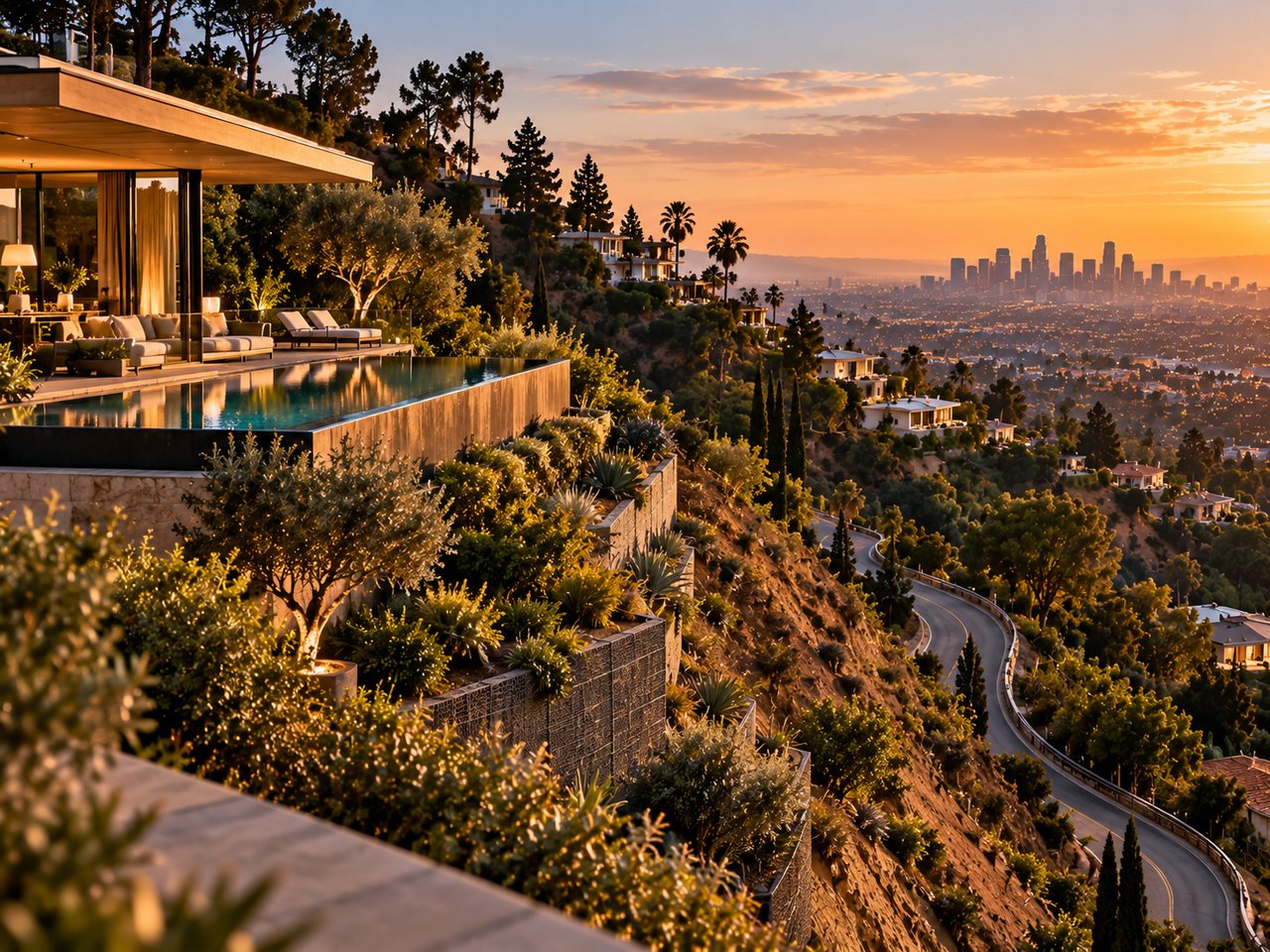 Modern hillside home with an infinity pool overlooking the Los Angeles skyline at sunset.