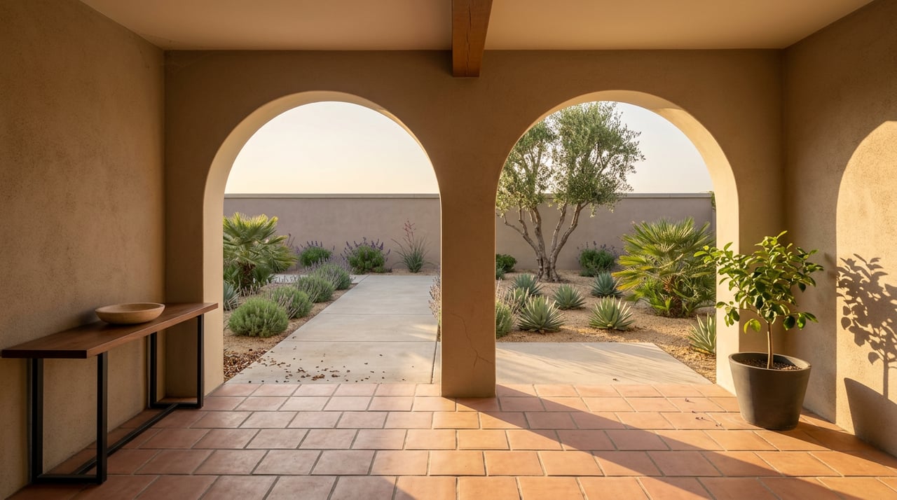 Stucco loggia arches frame a sunlit garden with an olive tree, lavender, agaves, and terracotta tiles.