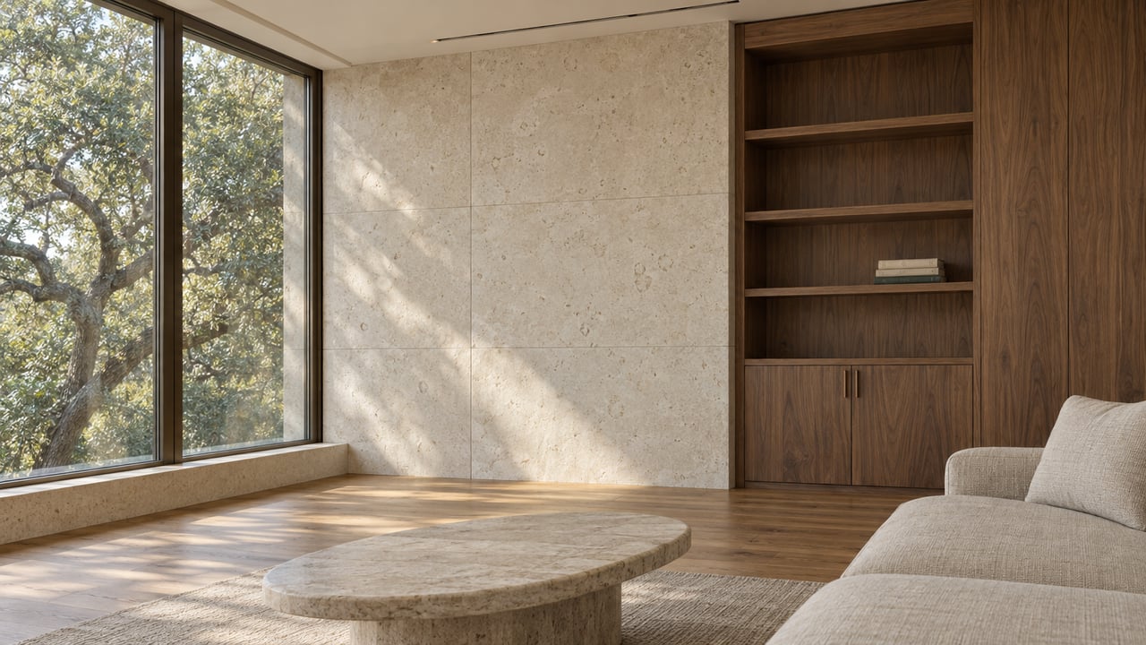 Daylit living room with limestone walls, walnut built-ins, oak floors and a linen sofa beside a bronze-framed window.