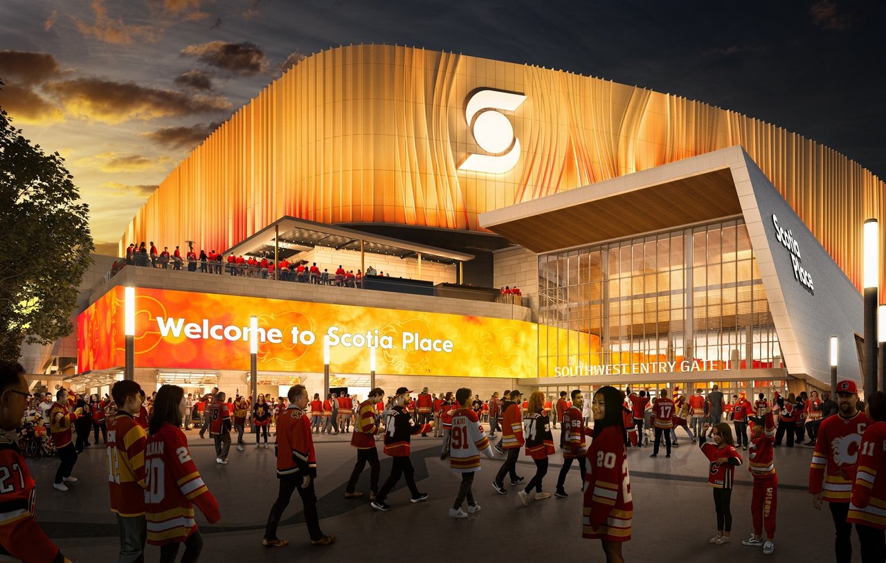 Rendering of Scotia Place’s southwest entry with Calgary Flames fans gathering outside the new downtown arena.