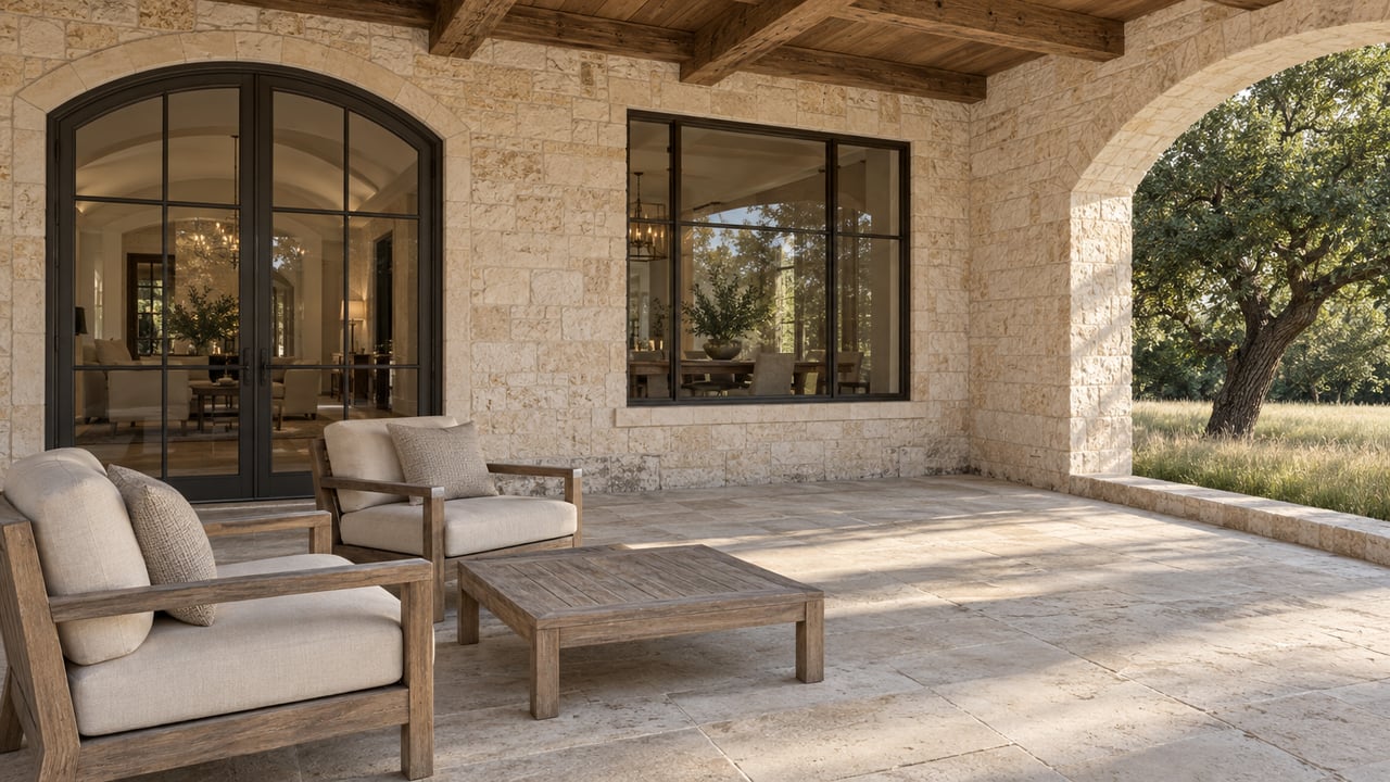 Sunlit limestone terrace with oak ceiling beams, glazed arched doors and two teak lounge chairs beside a mature live oak.