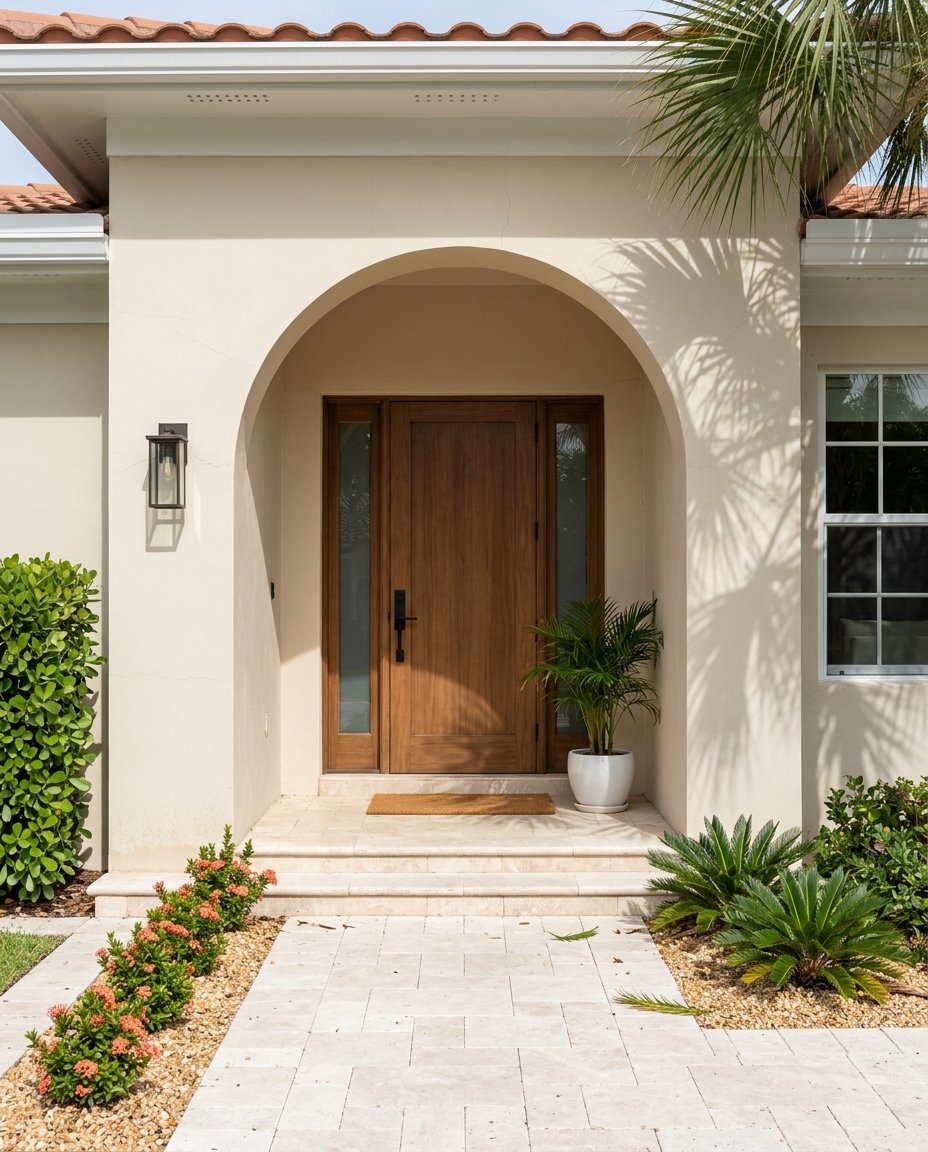 Cream stucco house entrance with a large arched alcove, wooden double door, tiled steps, and tropical plants.