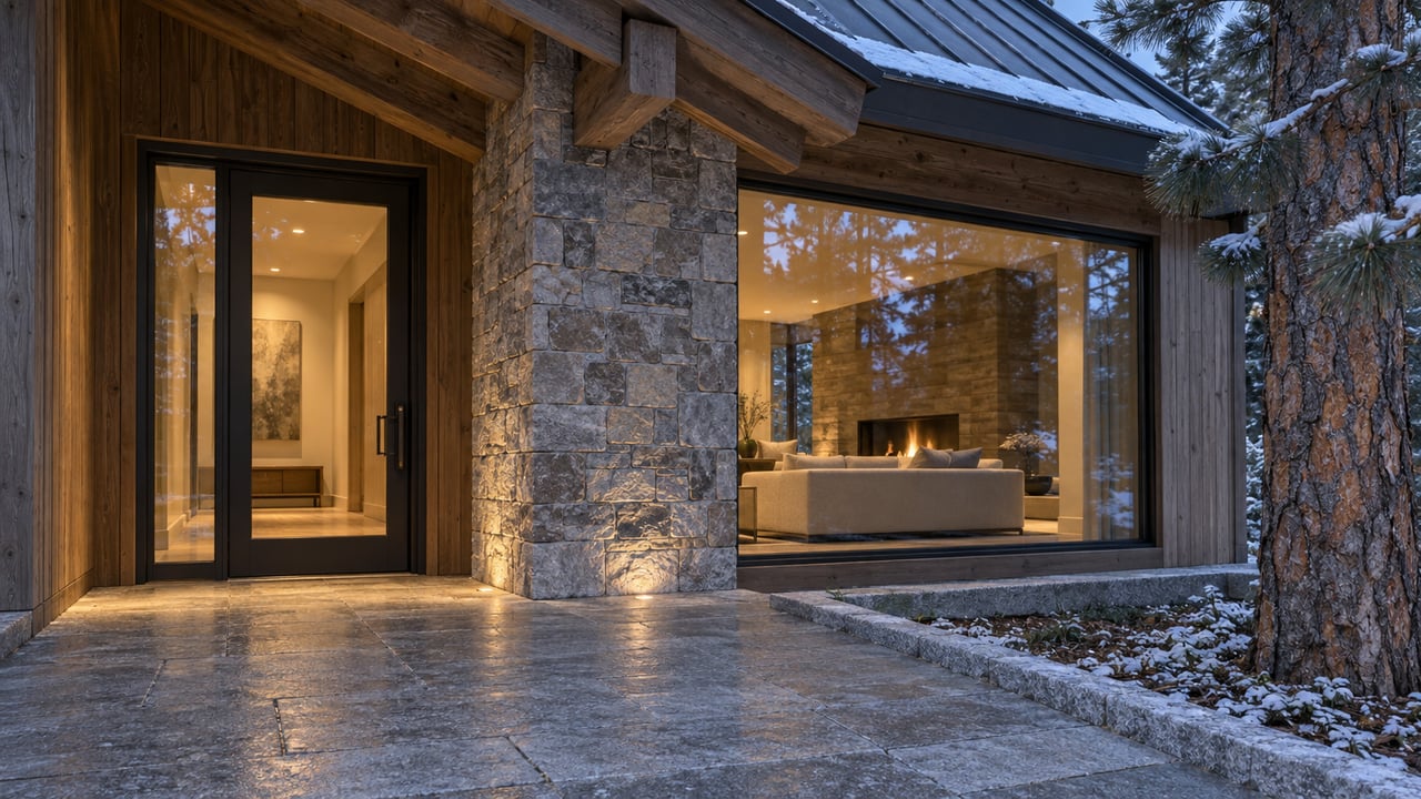 Snow rests on the timber eaves of a wood-and-stone home, with warm light glowing through its glazed entry and large window.