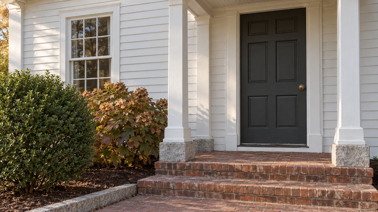 White clapboard entry with a dark six-panel door, divided-light window, brick steps, and autumn shrubs.