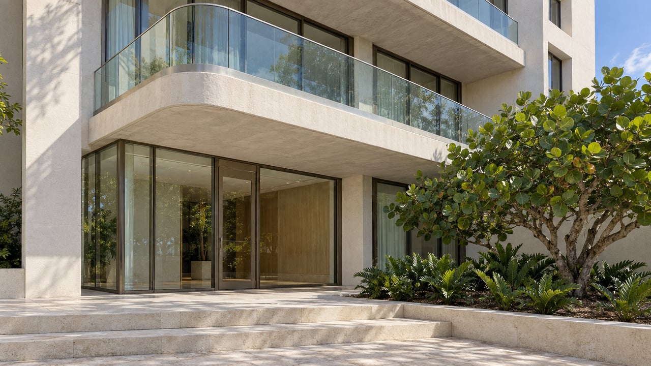 Sunlit boutique condominium entrance with pale stone steps, enclosed glass lobby, rounded balconies and a sea grape specimen.