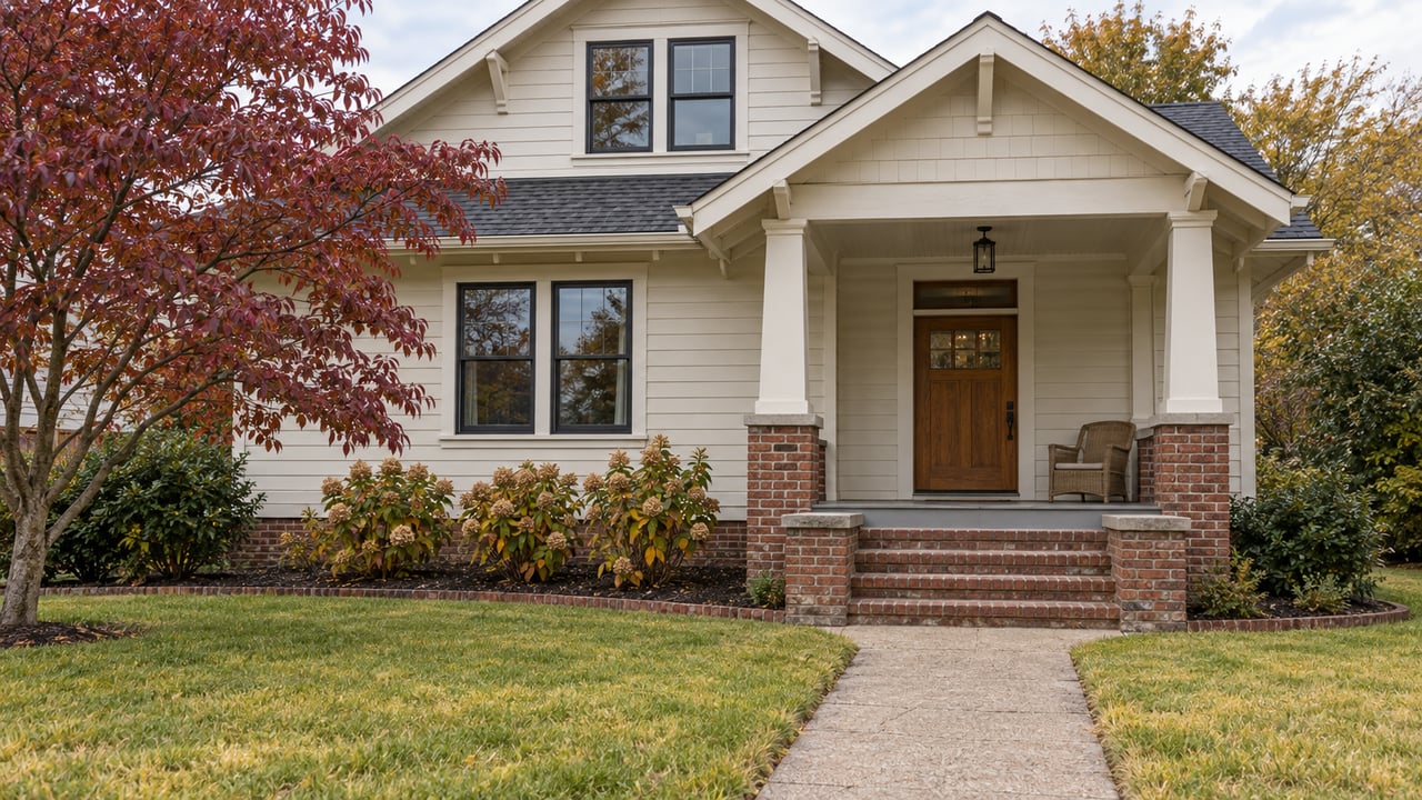 An ivory-sided Craftsman home behind a deep autumn lawn, with a raised brick porch, oak front door and burgundy dogwood.