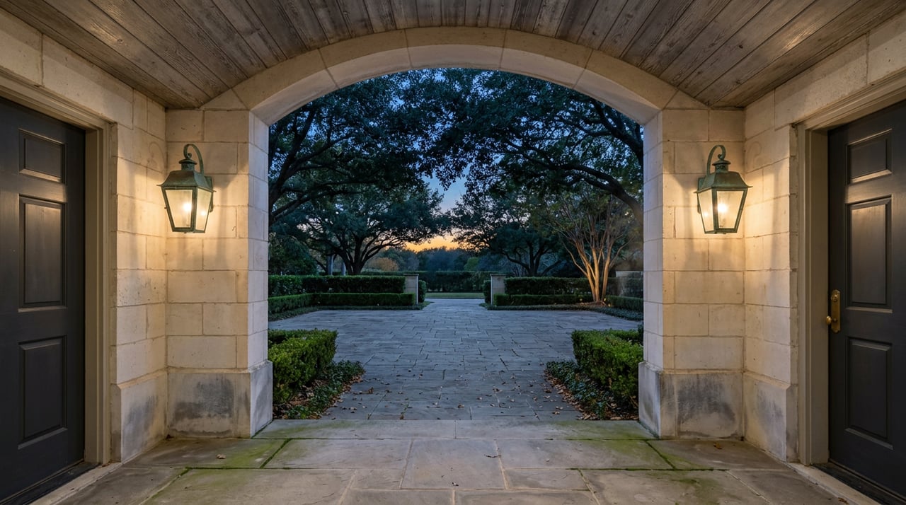 Limestone archway framing a flagstone motor court beneath live oak trees, lit by bronze lanterns at dusk.