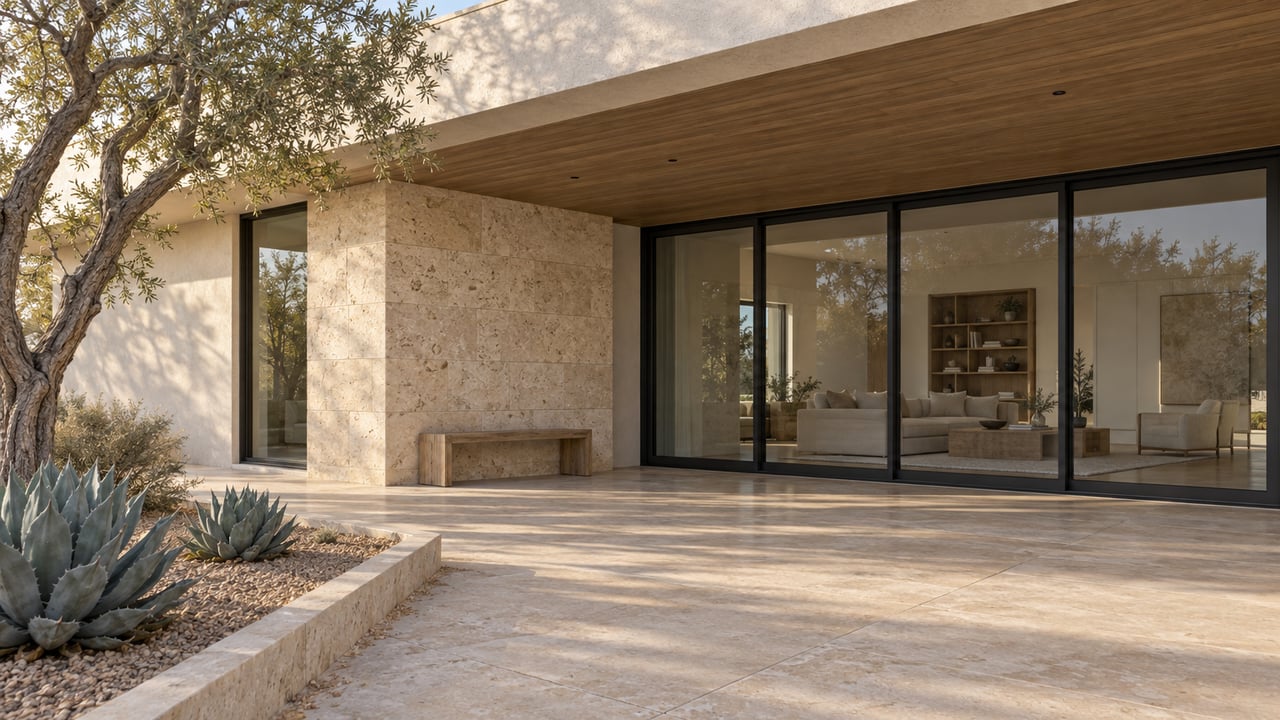 A shaded limestone terrace beside a white stucco home, with black-framed glass doors, an ironwood tree and two sculptural agaves.